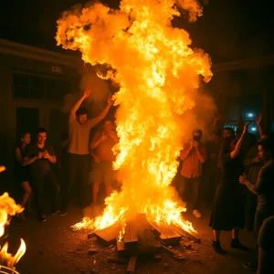 An illustration of a chaotic fraternity party scene after a hazing incident.