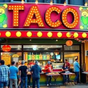 Exterior view of Fuzzy's Taco Shop in Barstow with customers enjoying tacos.