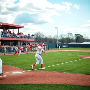 High school baseball players in action with fans cheering.
