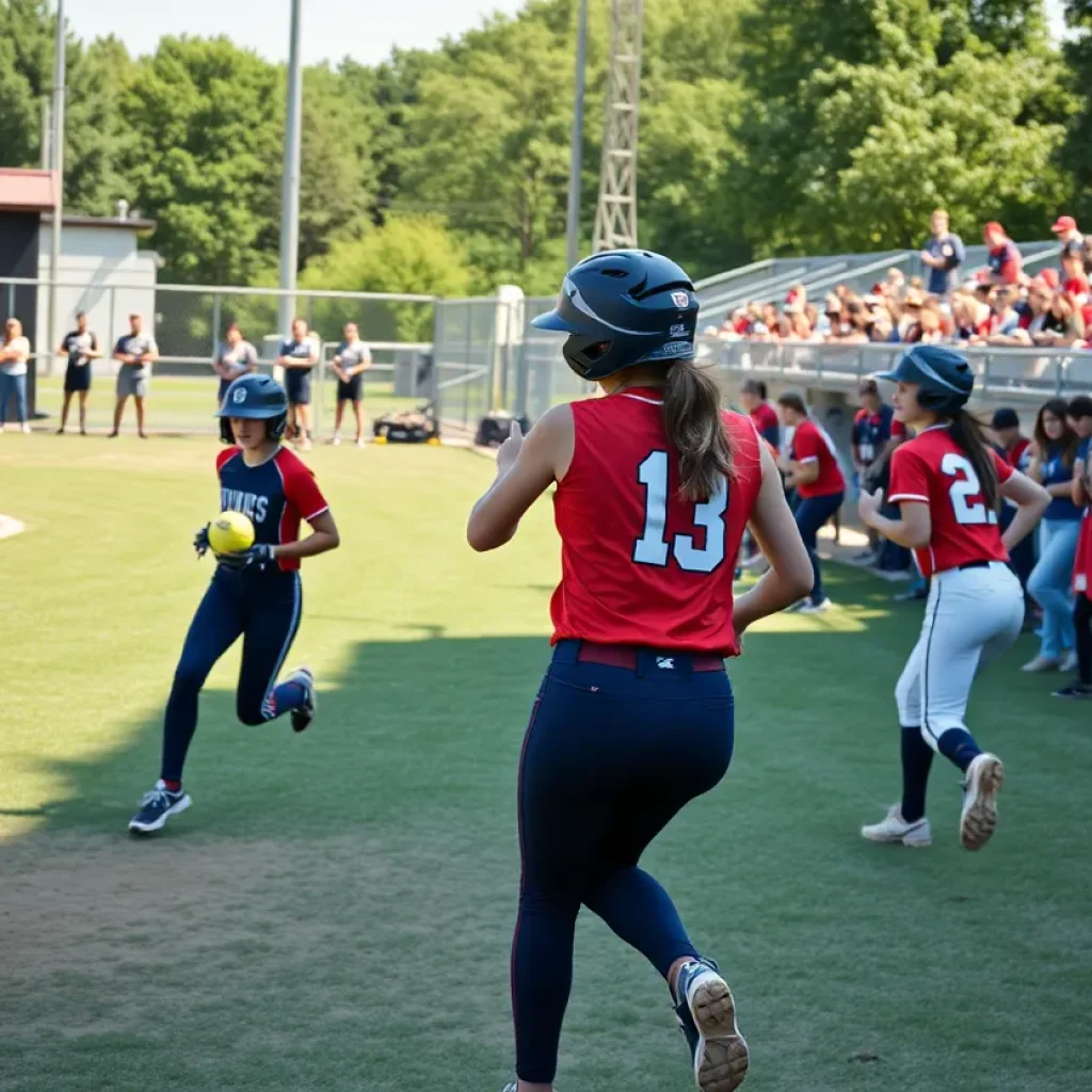 Players competing during a high school softball game.