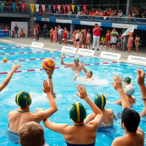 A thrilling water polo match in progress with cheering fans and team banners.