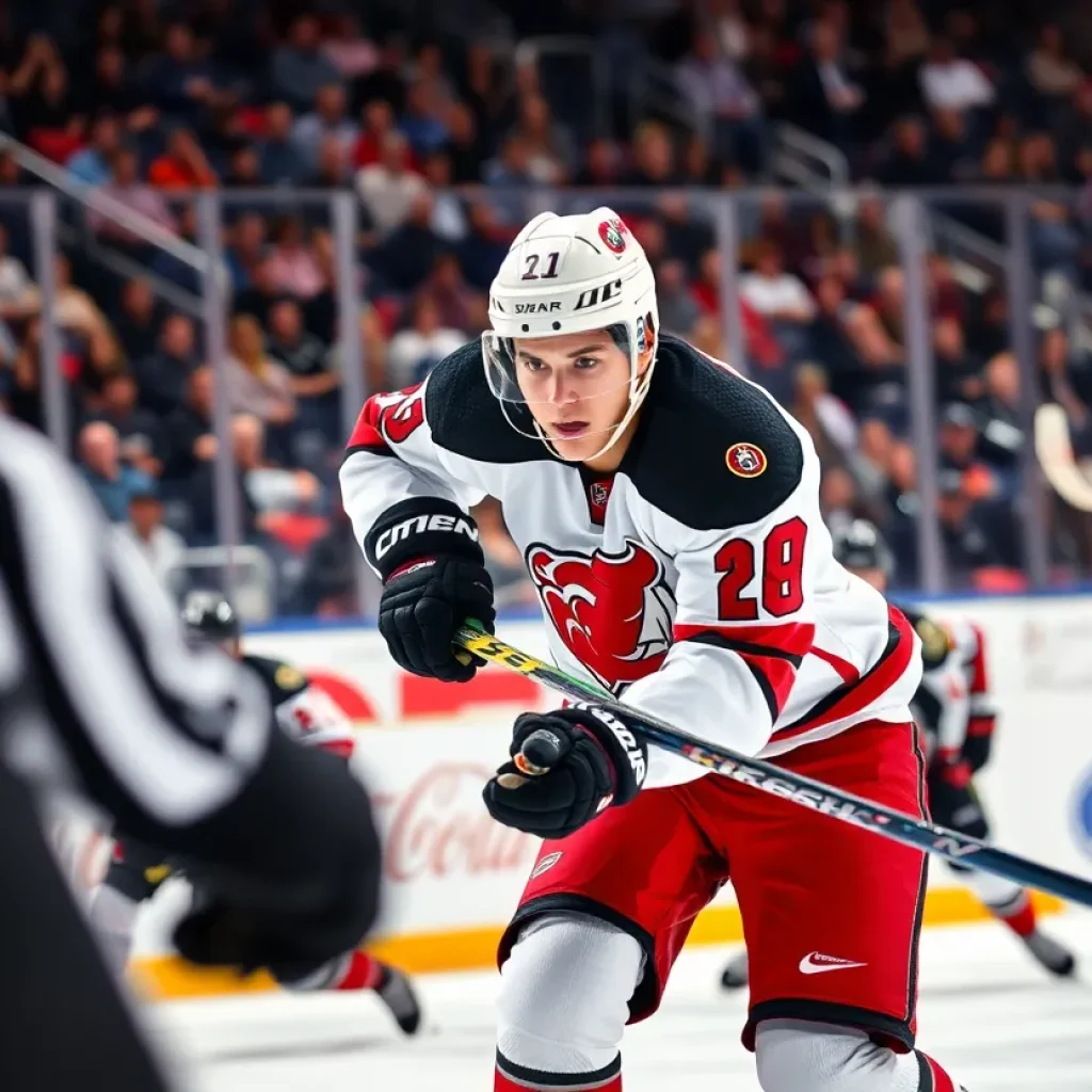 Hockey defenseman in action on the ice during a game.