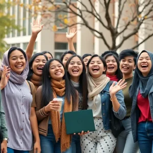International students celebrating the reinstatement of their F-1 visas on a university campus in San Diego.