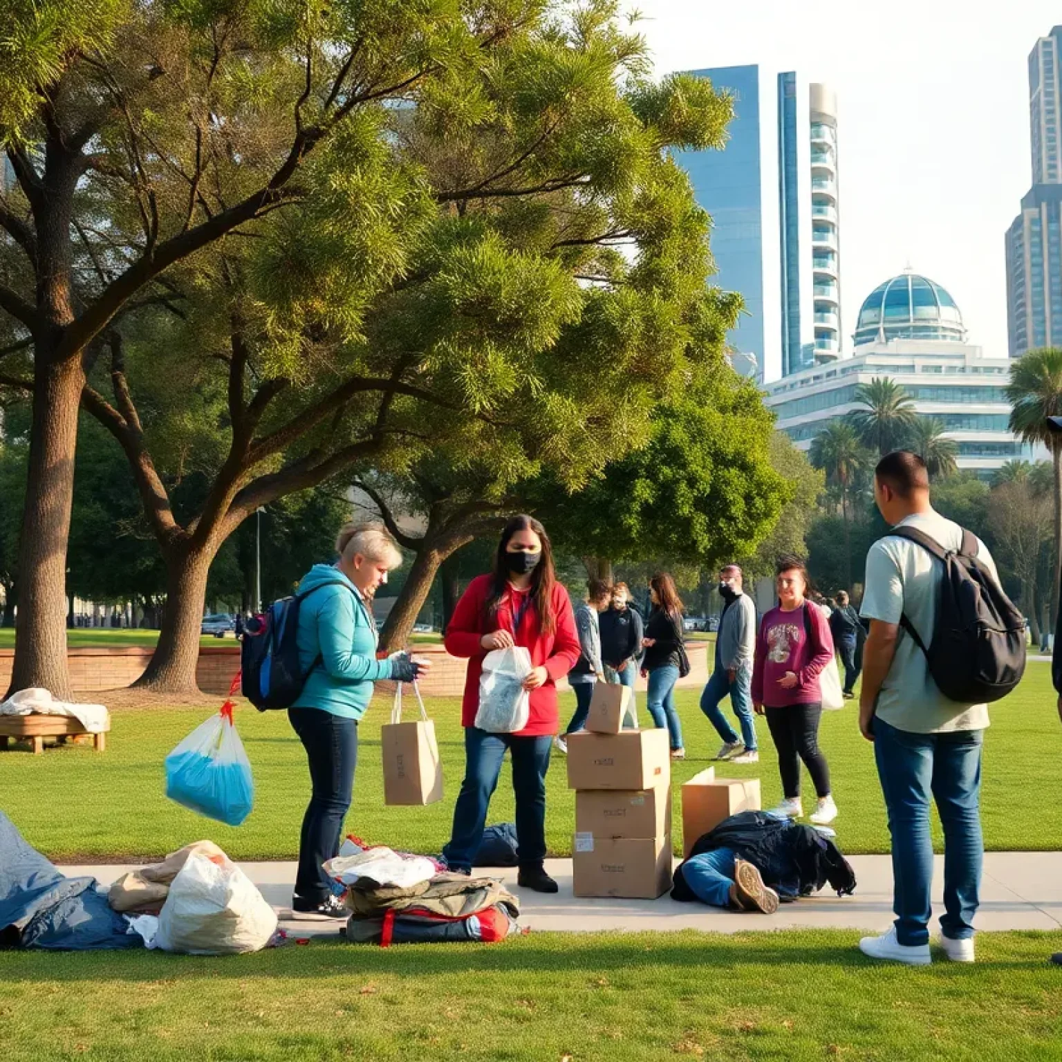 Los Angeles volunteers assisting homeless individuals in a park.