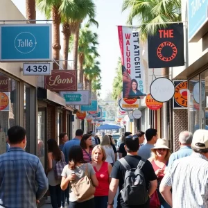 Crowded shopping street in Los Angeles with various stores and happy shoppers.