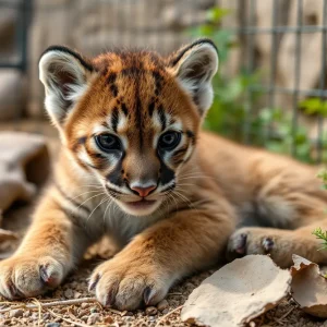 A young mountain lion cub in an outdoor rehabilitation enclosure showing signs of recovery.