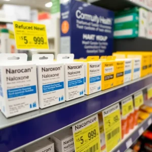 Narcan products displayed in a pharmacy to show reduced pricing.