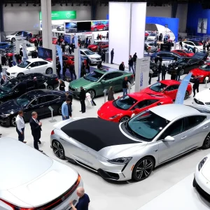 Crowd at the Orange County Auto Show celebrating its 60th anniversary, featuring various new cars and electric vehicles.