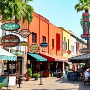 Outdoor dining scene in Orange County featuring various restaurants.