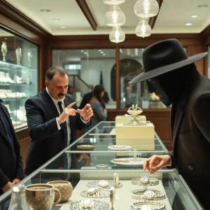 Dramatic depiction of a jewelry theft in progress