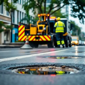 Road maintenance team repairing potholes on a wet street in Southern California