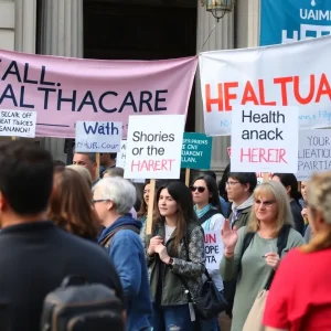 A large group of protesters rallying with signs about Medicaid cuts
