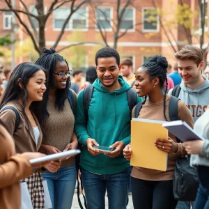 Students on a college campus in Rochester collaborating and learning together