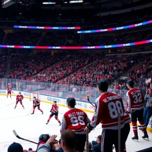 Hockey players competing in a playoff game between the San Jose Sharks and the Anaheim Ducks.