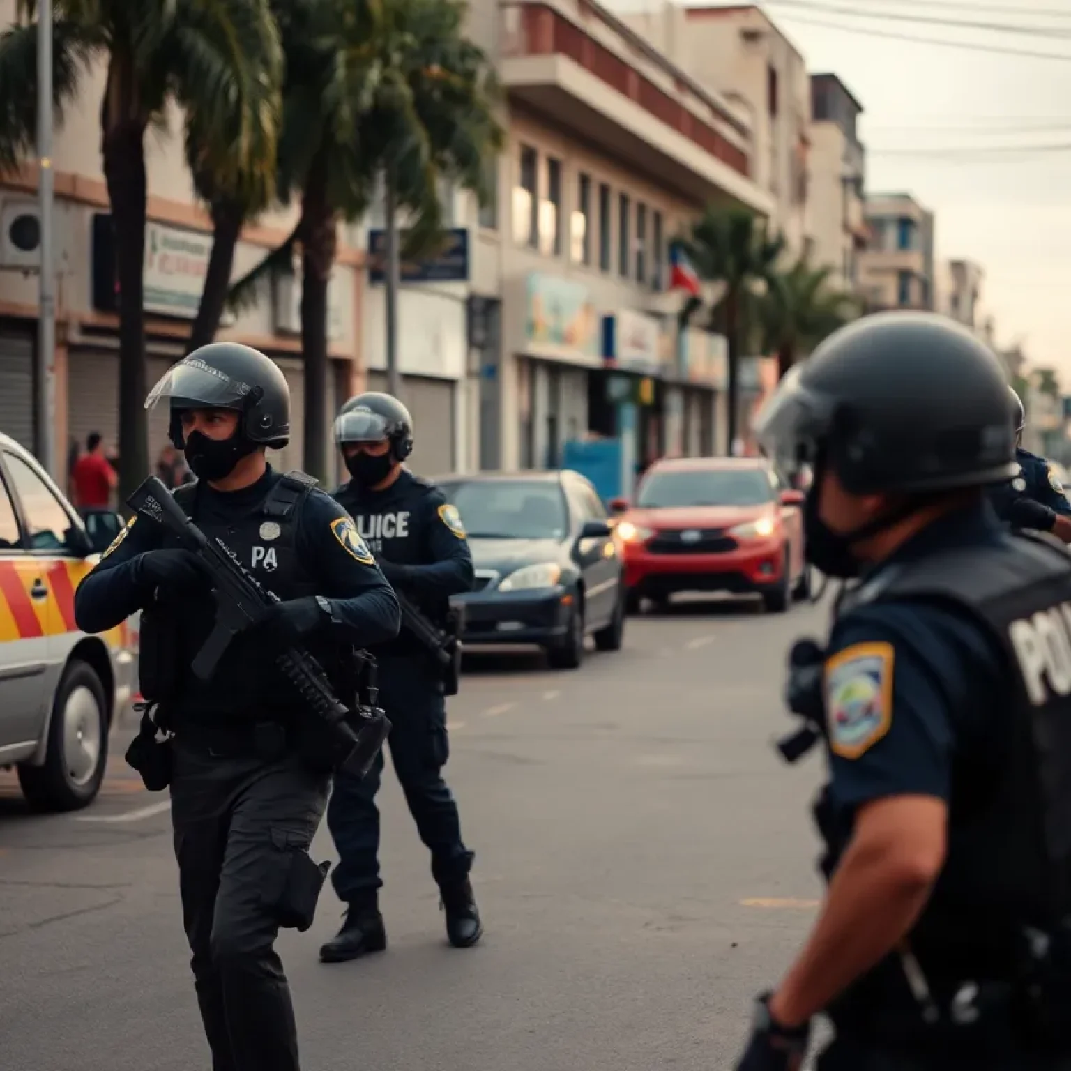 Law enforcement officers gathering in a Tijuana neighborhood