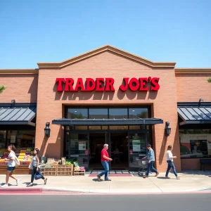 Exterior view of a new Trader Joe's store with shoppers