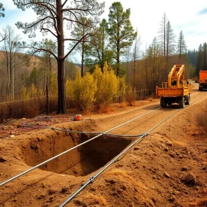 Construction workers installing underground power lines in a wooded area