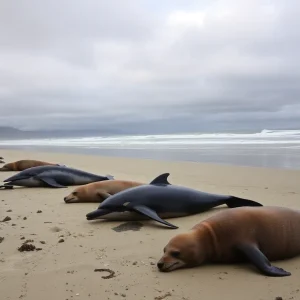 Dead marine mammals on the beach in Ventura, California, illustrating the impact of environmental crisis.
