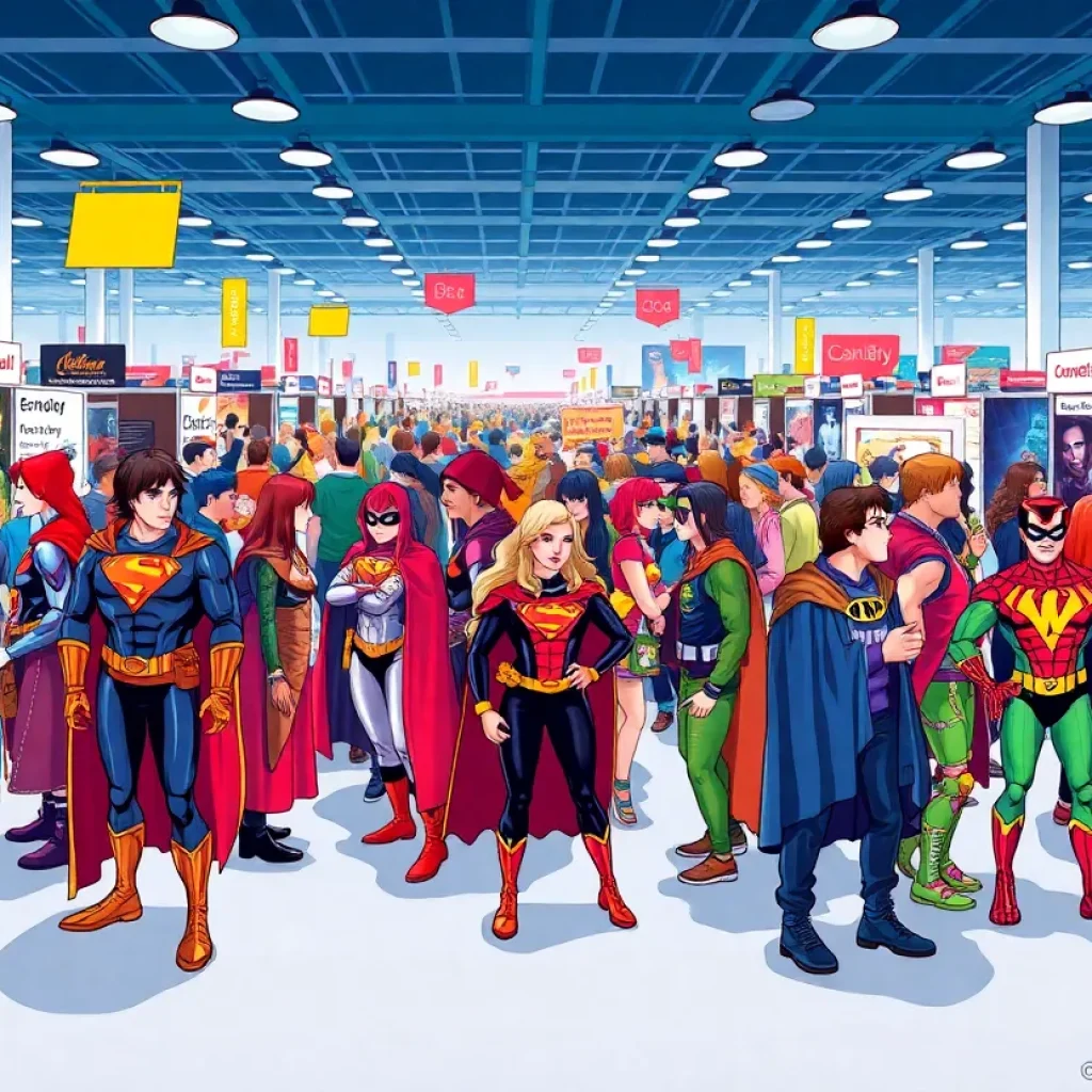 A lively comic book convention scene at WonderCon Anaheim featuring fans in costumes.
