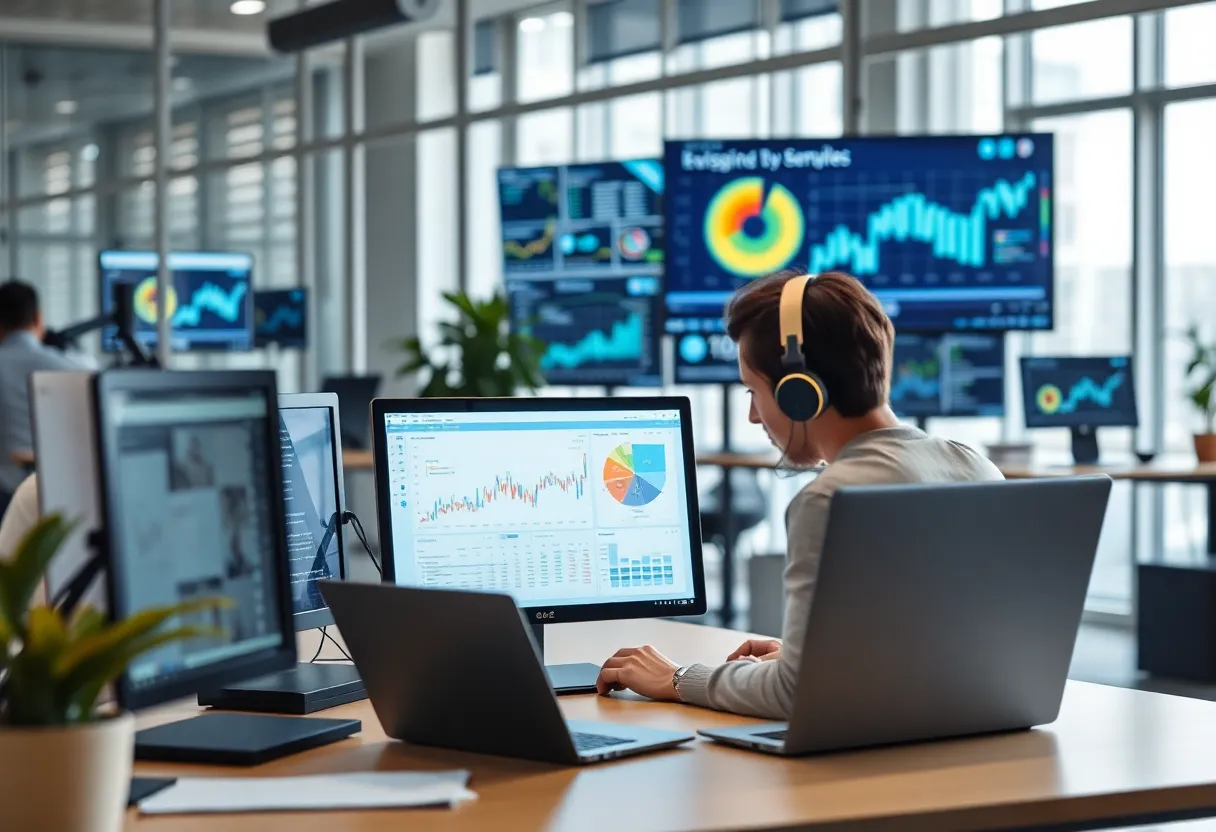 A digital media office highlighting AI technology in subscription metrics.