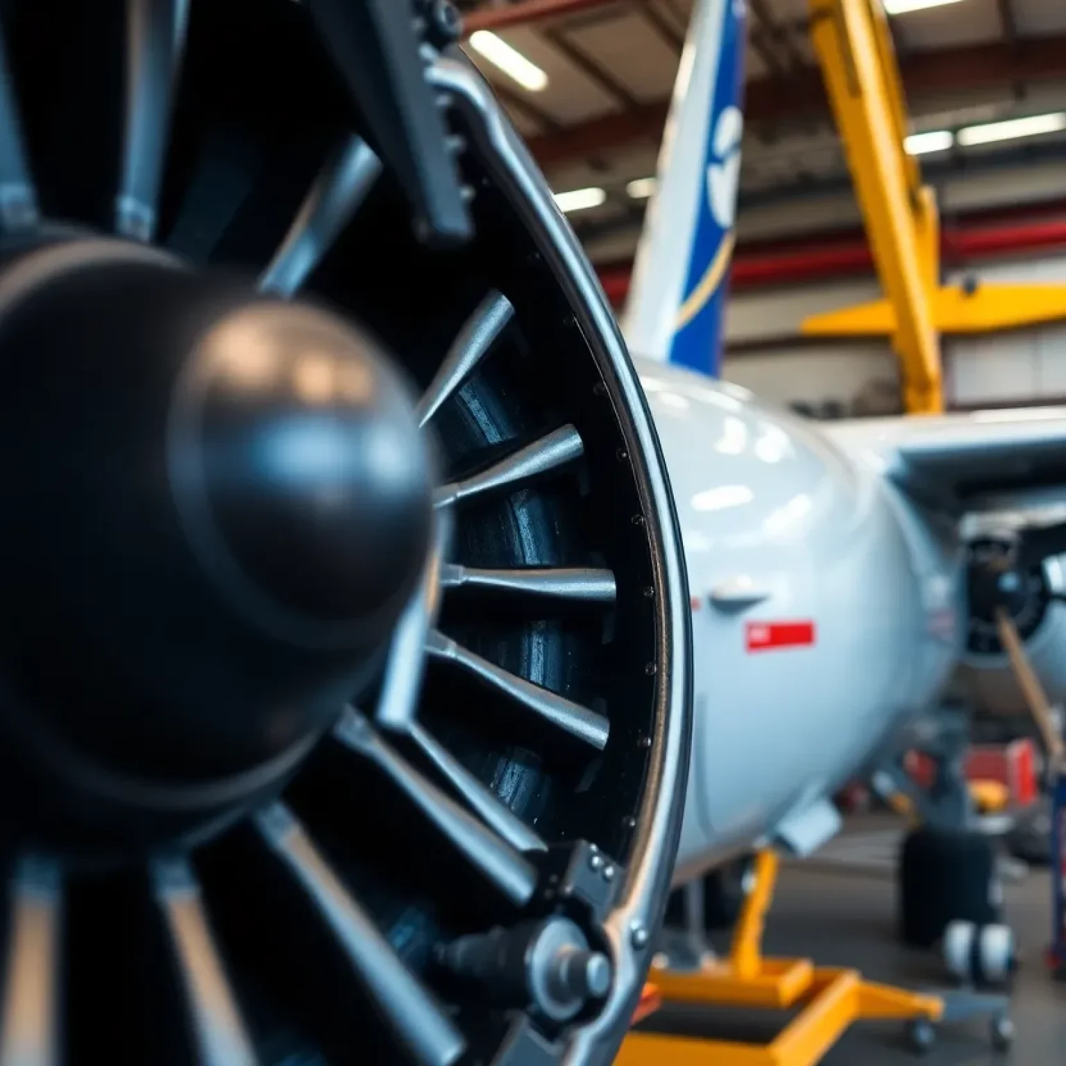 View of aircraft parts during maintenance work.