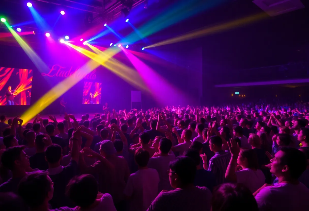 Aminé performing live at a concert with fans enjoying the music.