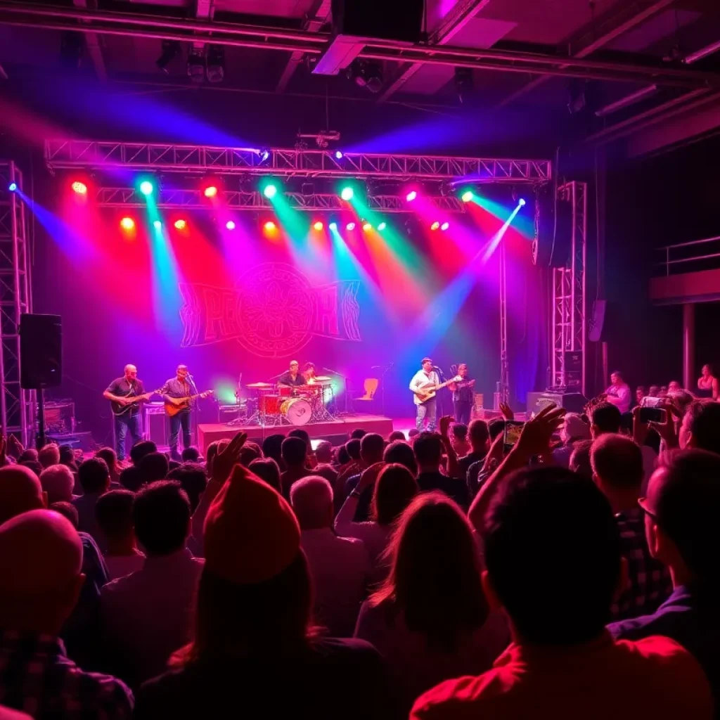 Audience enjoying a concert in Anaheim with bright stage lights and musical instruments