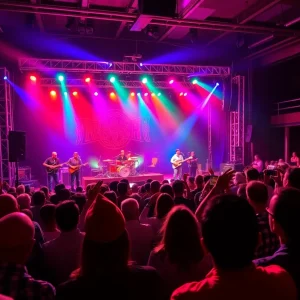 Audience enjoying a concert in Anaheim with bright stage lights and musical instruments