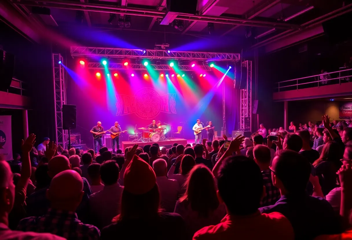 Audience enjoying a concert in Anaheim with bright stage lights and musical instruments