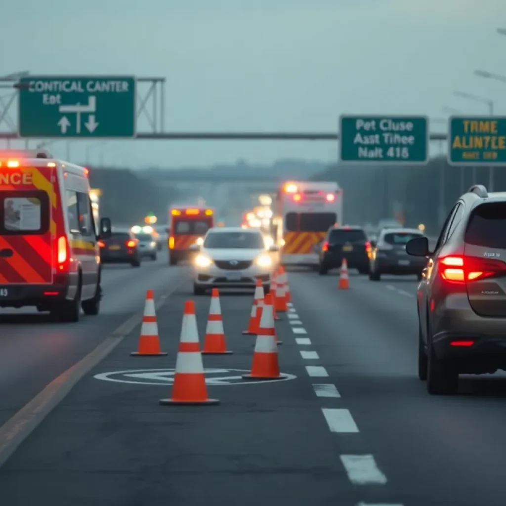 Emergency vehicles at the scene of a pedestrian accident on a freeway