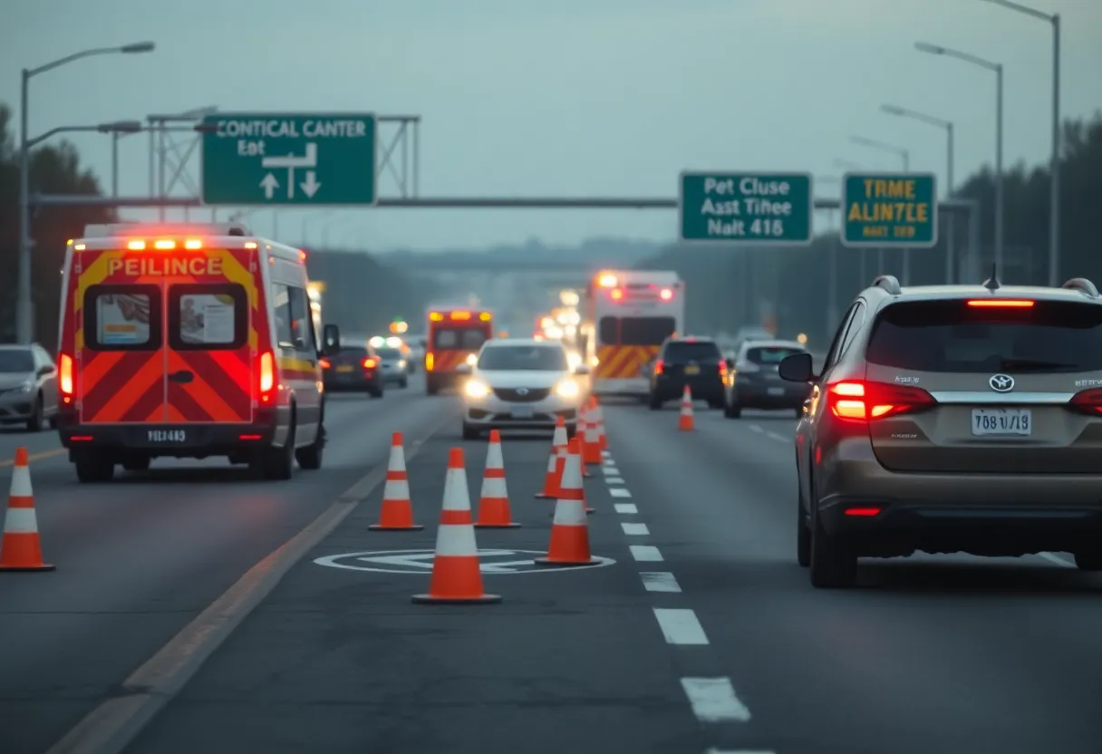 Emergency vehicles at the scene of a pedestrian accident on a freeway