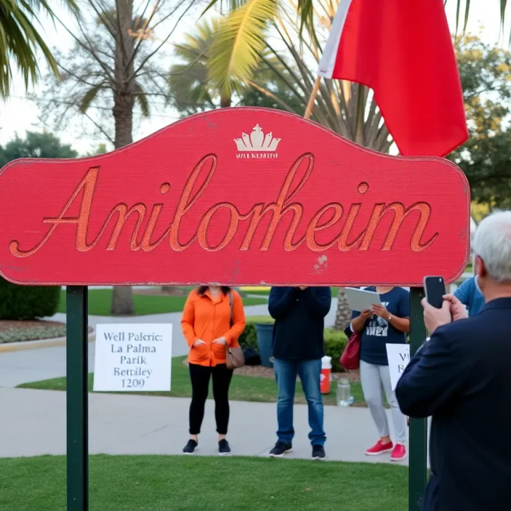 Historic 'Wilkommen in Anaheim' sign removal at La Palma Park.