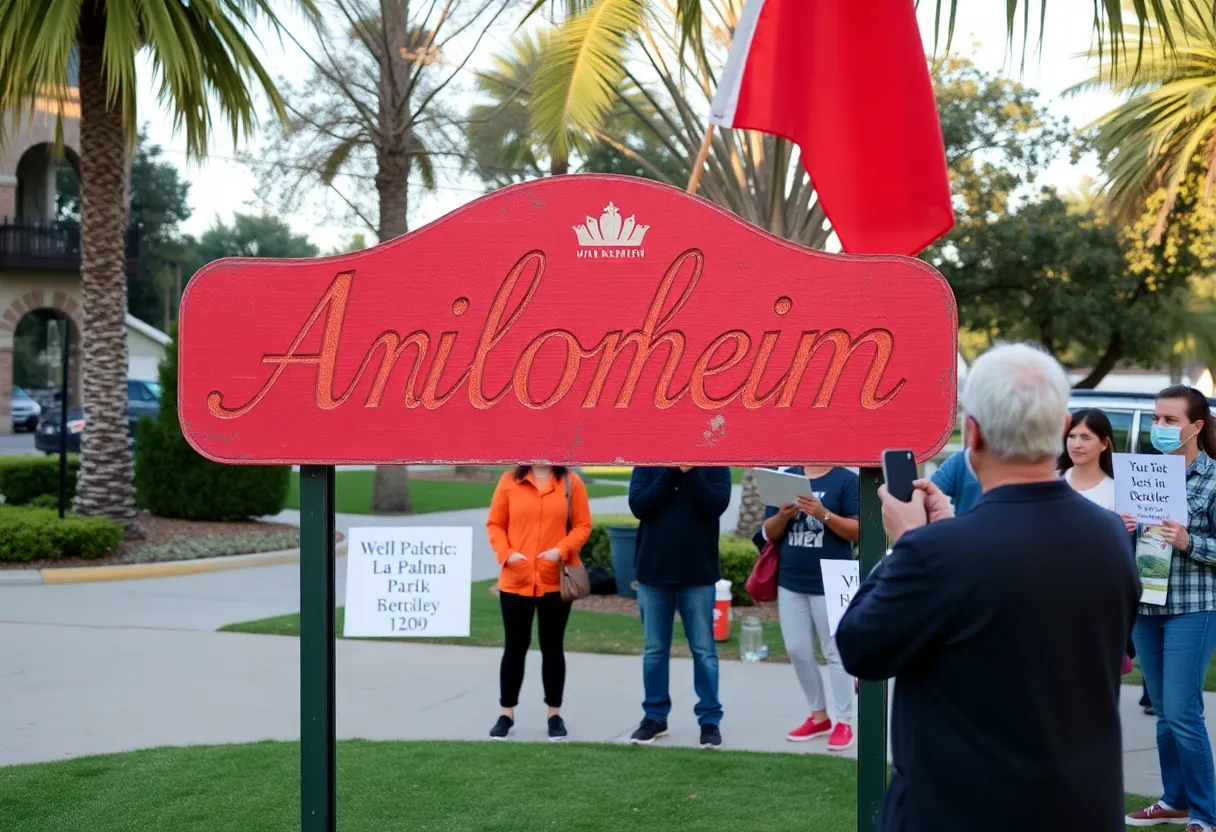 Historic 'Wilkommen in Anaheim' sign removal at La Palma Park.