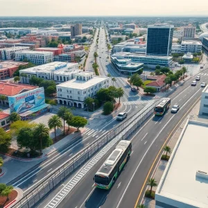 Aerial view of Anaheim showcasing transportation routes and electric buses