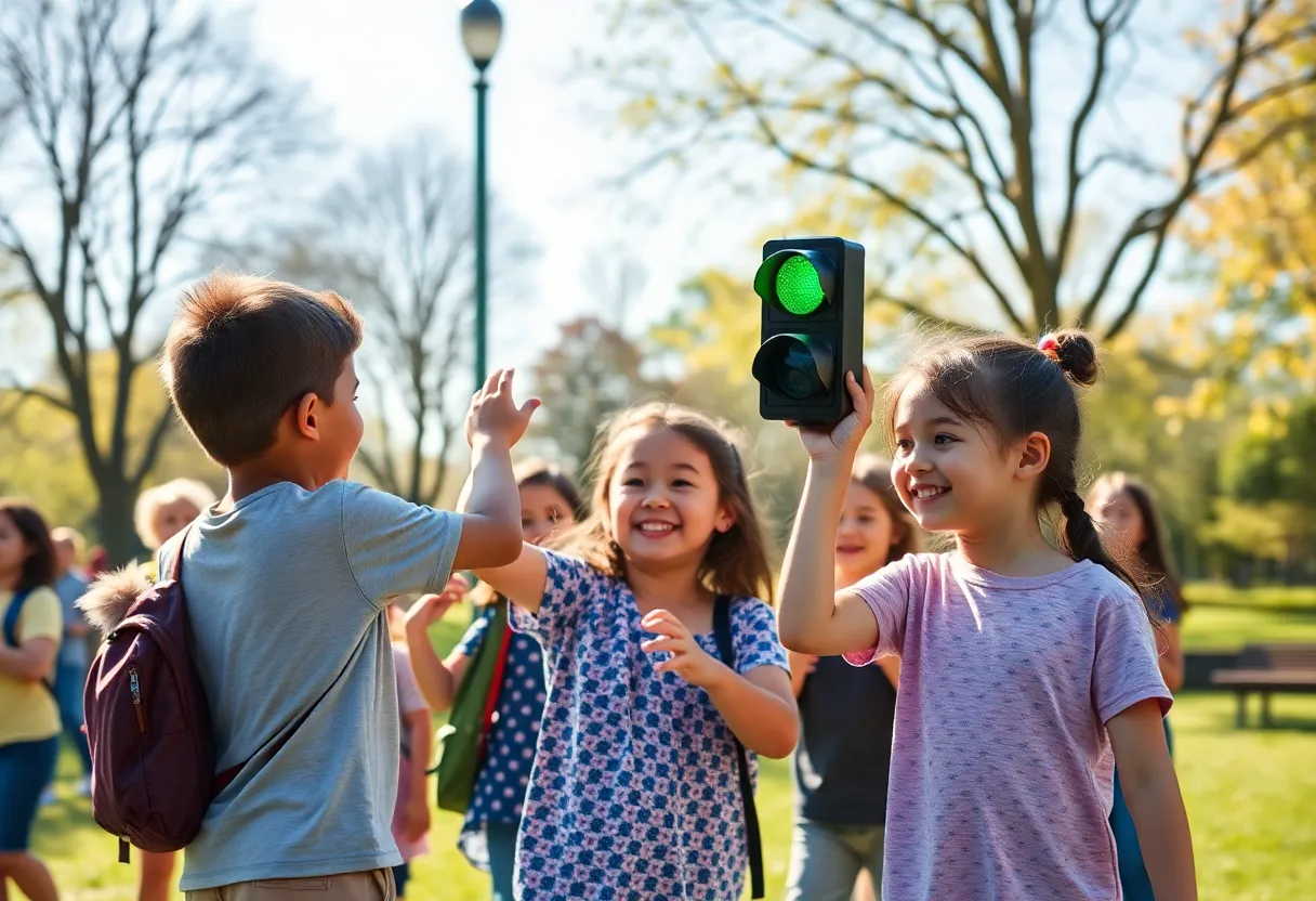 Children participating in a game of Red Light, Green Light at Yorba Regional Park in Anaheim
