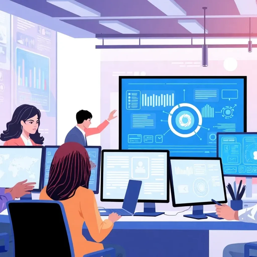 Illustration of a workplace featuring automated technologies and diverse employees.
