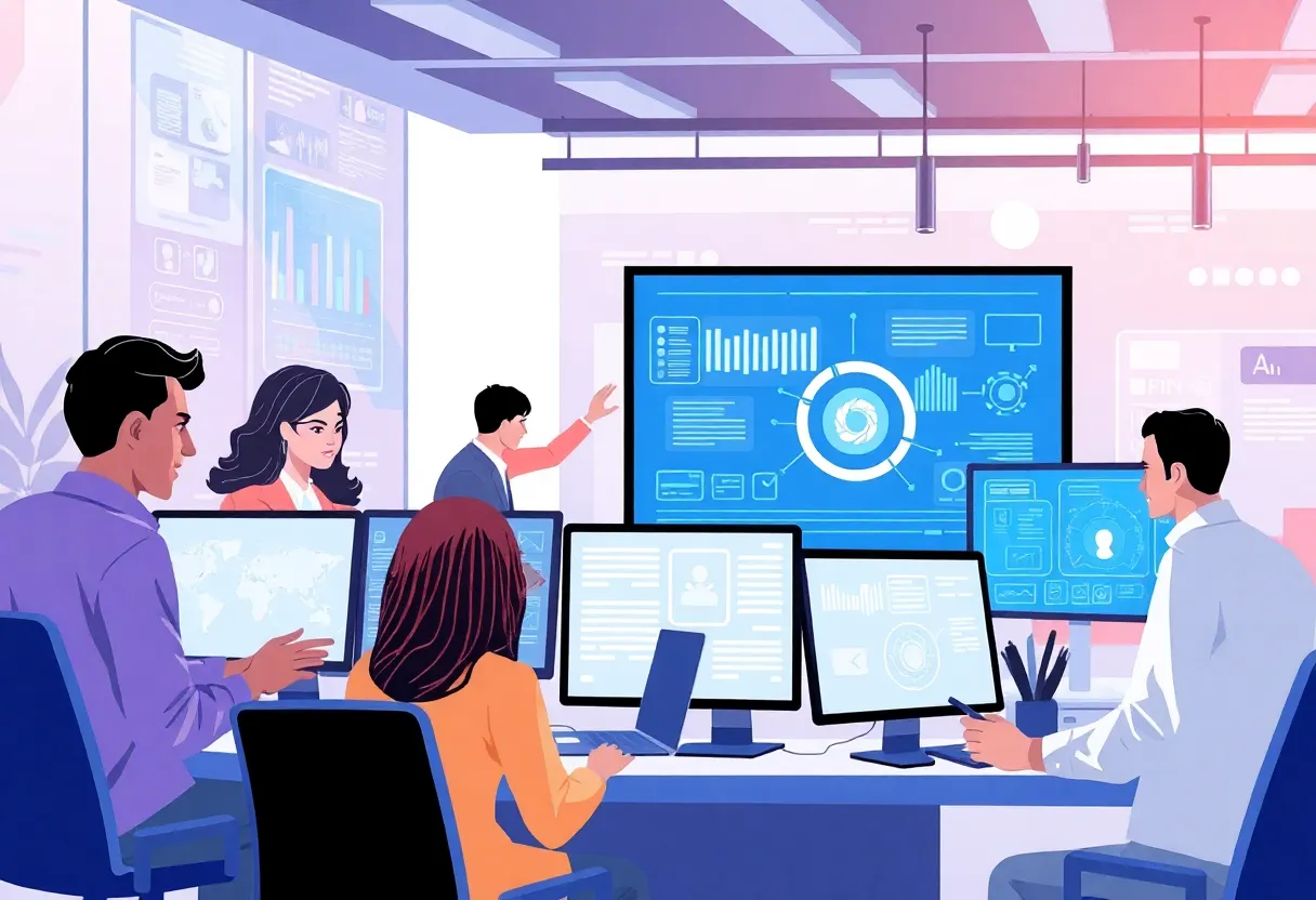 Illustration of a workplace featuring automated technologies and diverse employees.