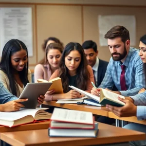 Diverse law students studying for the California bar exam in a classroom.