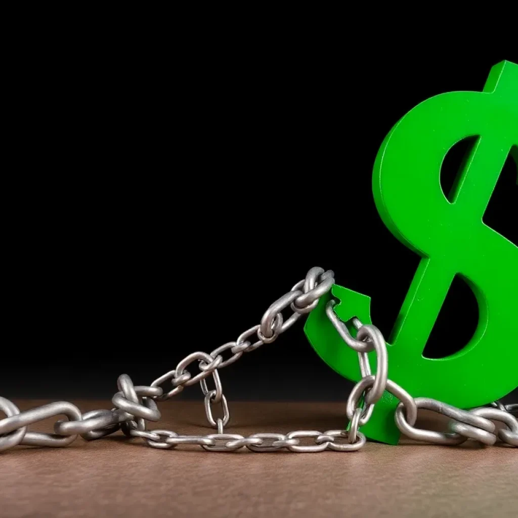 Symbolic representation of California's budget crisis with dollar sign and broken chains.
