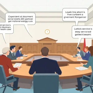 Illustration of a California budget meeting discussing cuts to social services