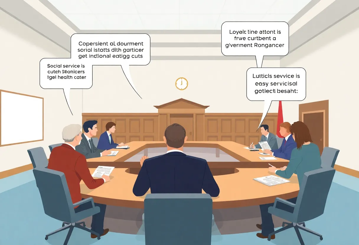 Illustration of a California budget meeting discussing cuts to social services