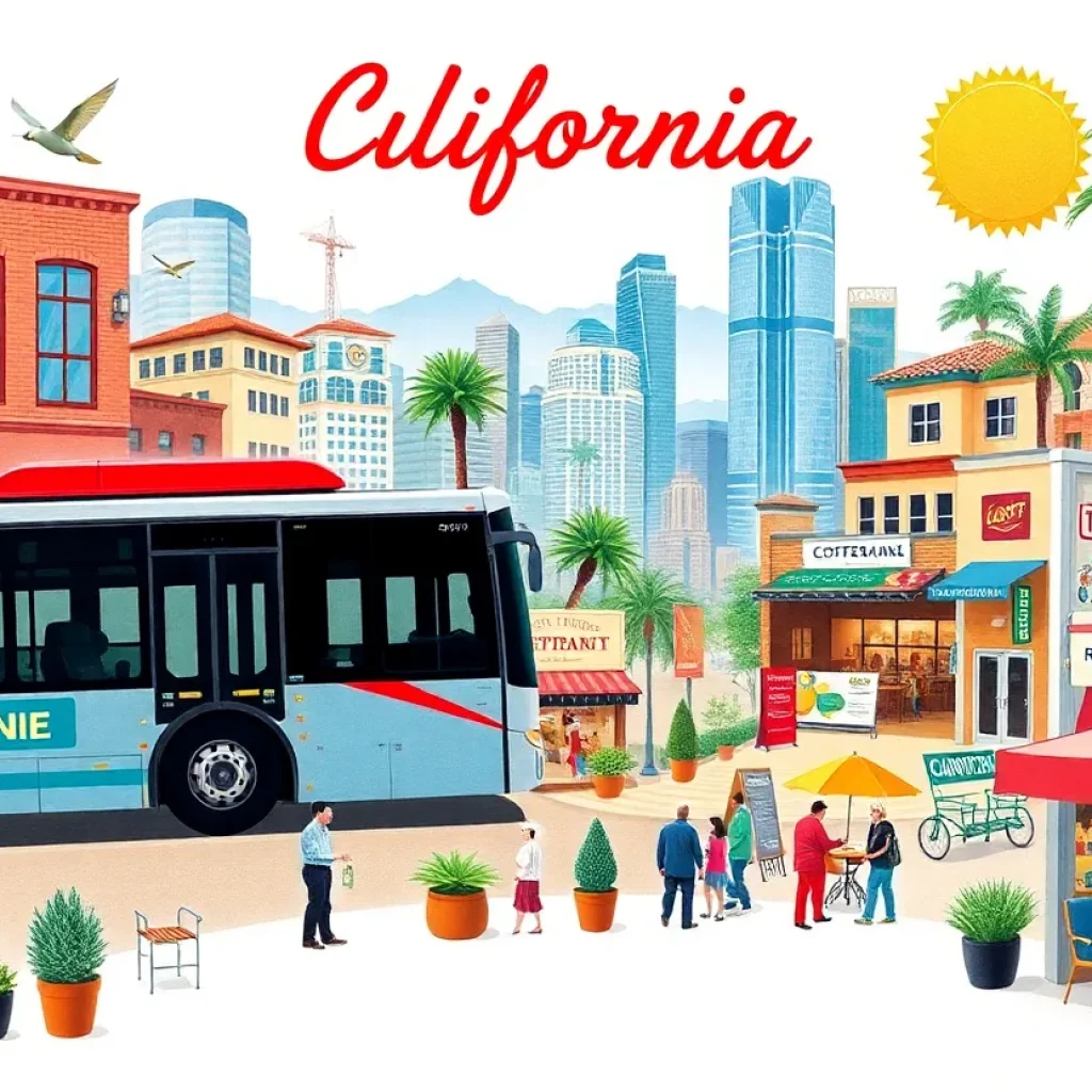 A collage of California's evolving business environment with cafes, restaurants, and transportation services.