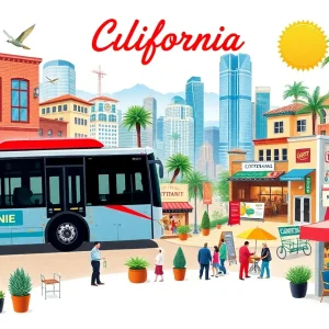 A collage of California's evolving business environment with cafes, restaurants, and transportation services.