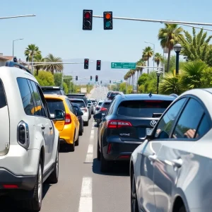 Cars on a California street with a mix of gas-powered and electric vehicles