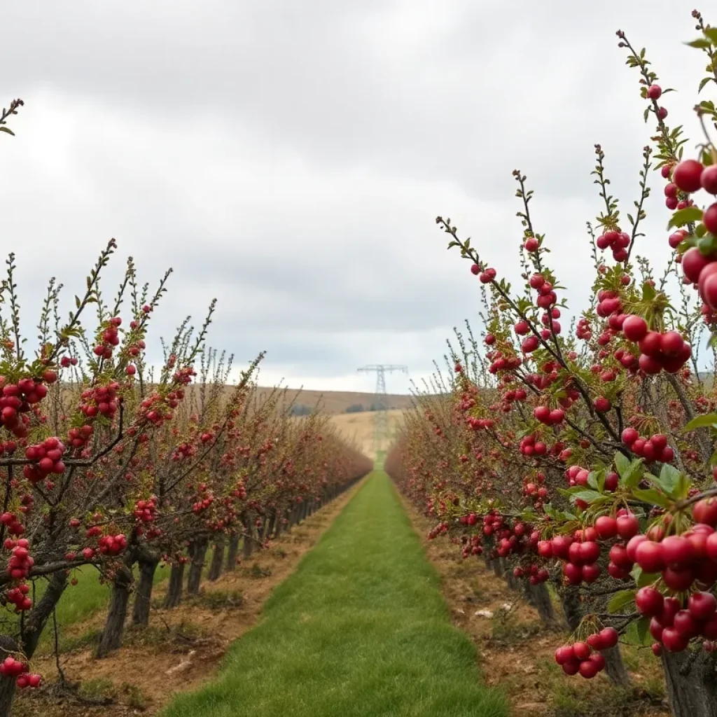 California cherry orchard with few fruits on trees