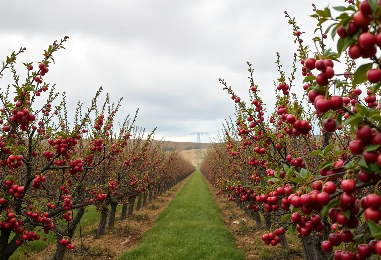 California cherry orchard with few fruits on trees