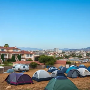 A cityscape of California showcasing luxury homes and a homeless encampment.