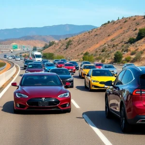 Highway with electric vehicles against California landscape