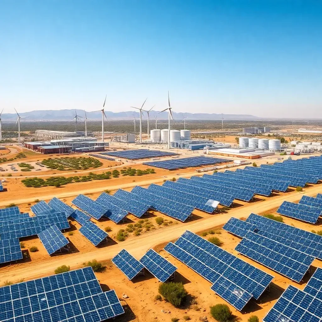 Landscape view of California showcasing solar panels and wind turbines among gas power plants.