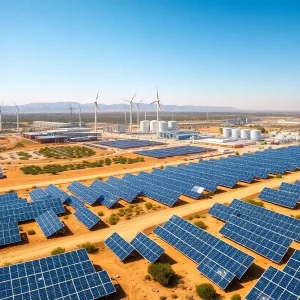 Landscape view of California showcasing solar panels and wind turbines among gas power plants.
